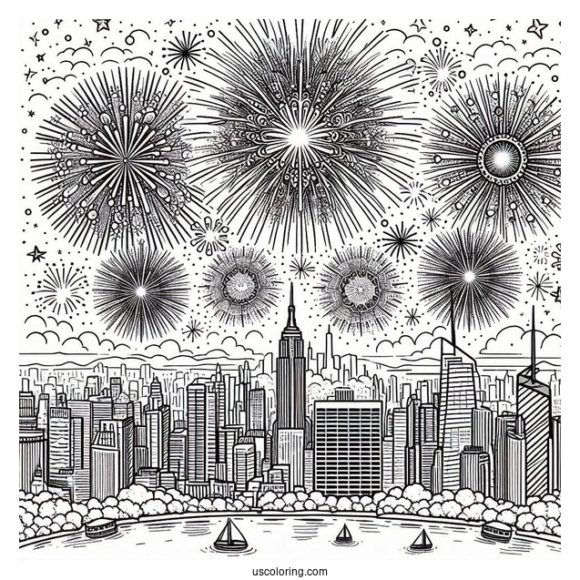 New Year Coloring Page Of Sky Covered With Fireworks In The City