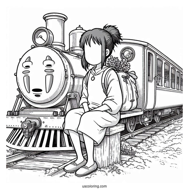 Studio Ghibli Coloring Page of Spirited Away Chihiro Riding Train With No Face And Bo