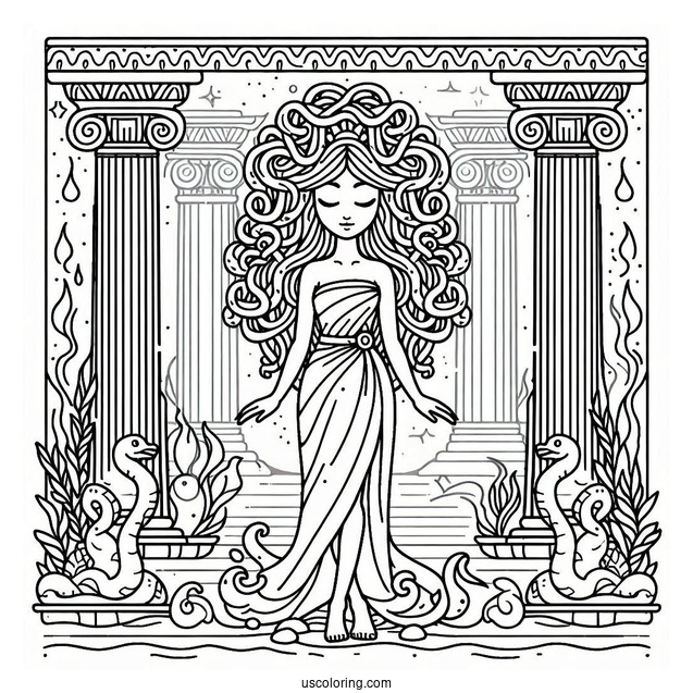 Cute Cartoon Medusa Coloring Page Standing Inside Temple