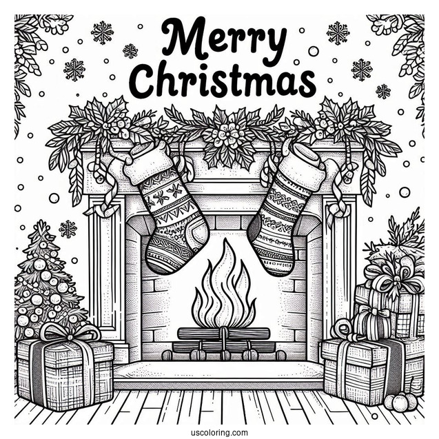 Christmas Coloring Pages For Adults Of Merry Christmas Words On Top Of Fireplace With Stockings
