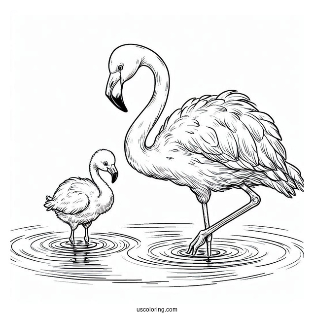 Mother And Baby Flamingo In Water To Color