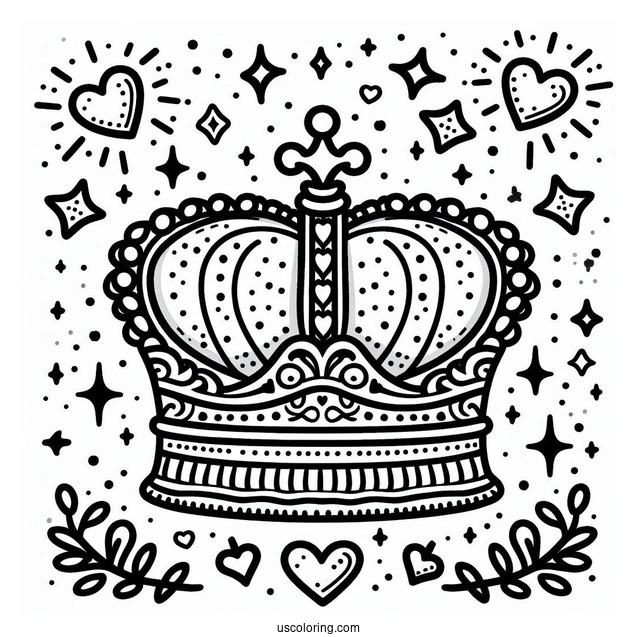 Playful Royal Crown Coloring Page Surrounded by Hearts and Stars For Kids
