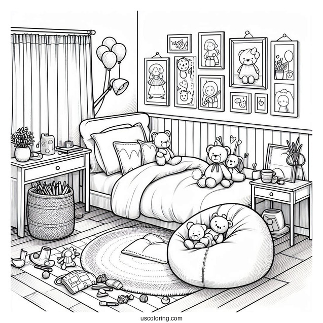 Kid's Bedroom Coloring Page With Bean Bag, Stuffed Toys, And Paintings