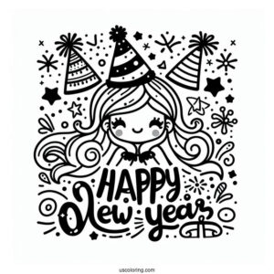 Simple Happy New Year Coloring Page Of Words With Cartoon Party Hats For Kids