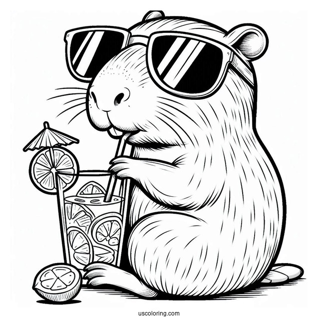 Capybara Coloring Page Wearing Sunglasses And Drinking Lemonade