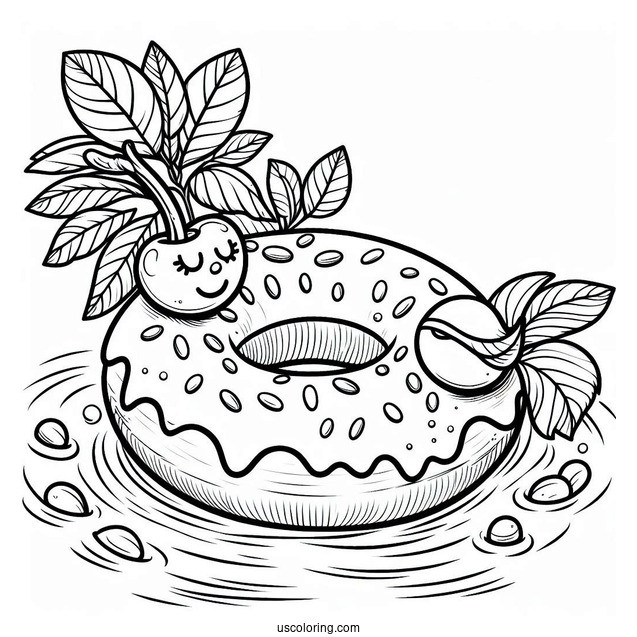 Donut Coloring Page With Cherry Lounging In A Floaty