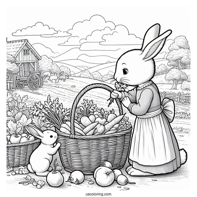 Mrs. Rabbit Harvesting With Peter Rabbit Coloring Page
