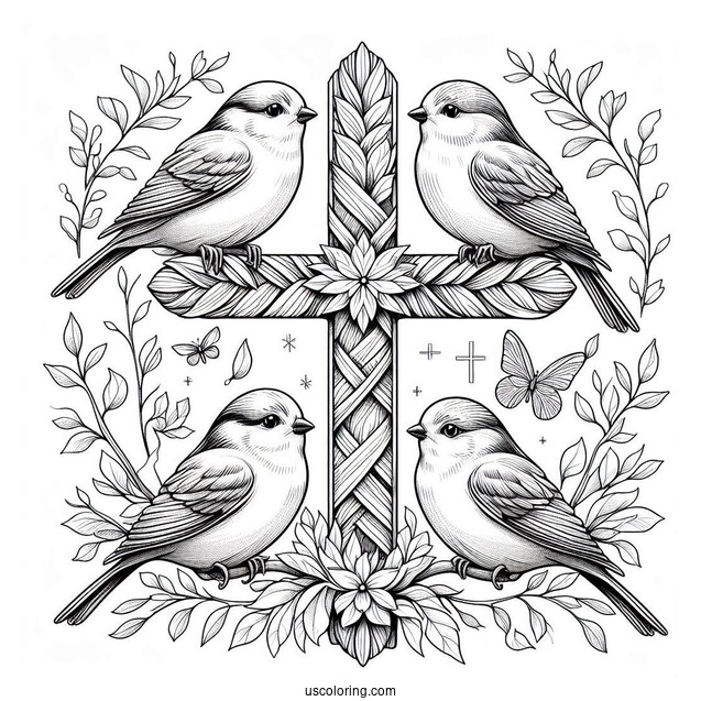 Four Birds Perched On A Cross Coloring Page