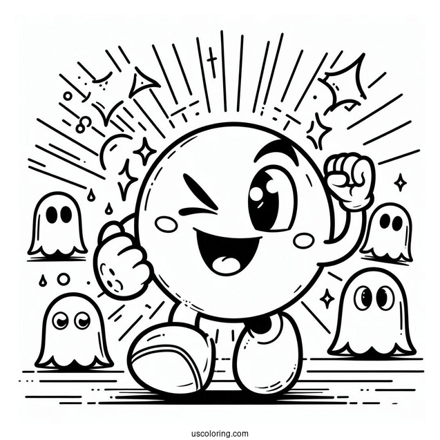 Victorious Pac-Man Coloring Page Winking With Ghosts In Background