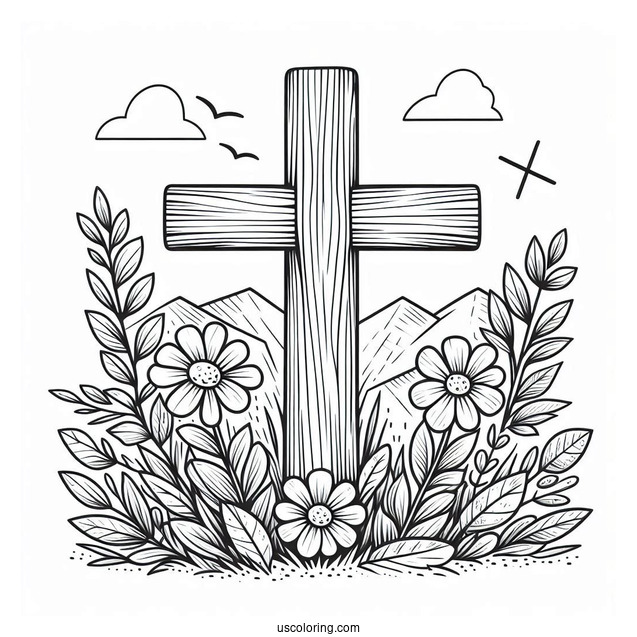 Simple Wooden Cross Coloring Page With Flowers And Leaves Outdoors For Kids