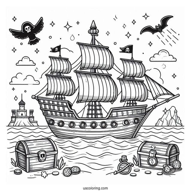 Simple Pirate Ship Coloring Page At Sea With Treasure Chests For Kids