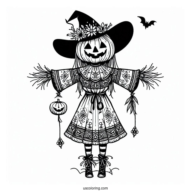 Scarecrow Coloring Page With Jack Lantern Head For Kids