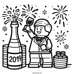 Lego Man Popping A Wine Bottle On New Year Coloring Page