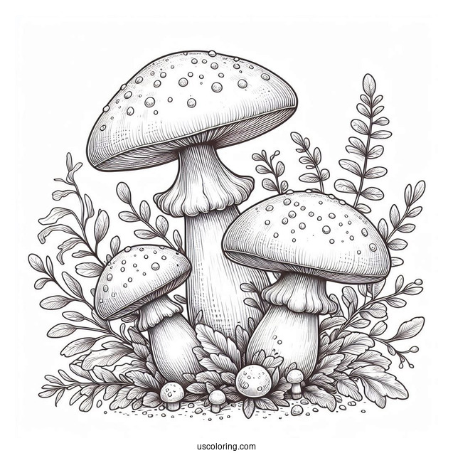 Three Realistic Mushroom Coloring Page Surrounded By Larger Plants
