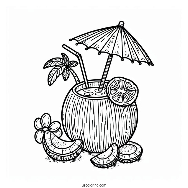 Delicious Coconut Coloring Page Drink With Paper Parasol And Fruit Slices