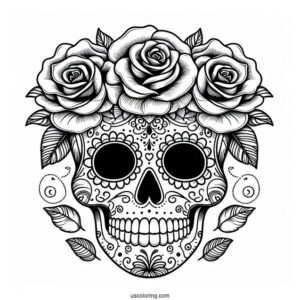 Easy Sugar Skulls Coloring Page Design With Roses On The Head