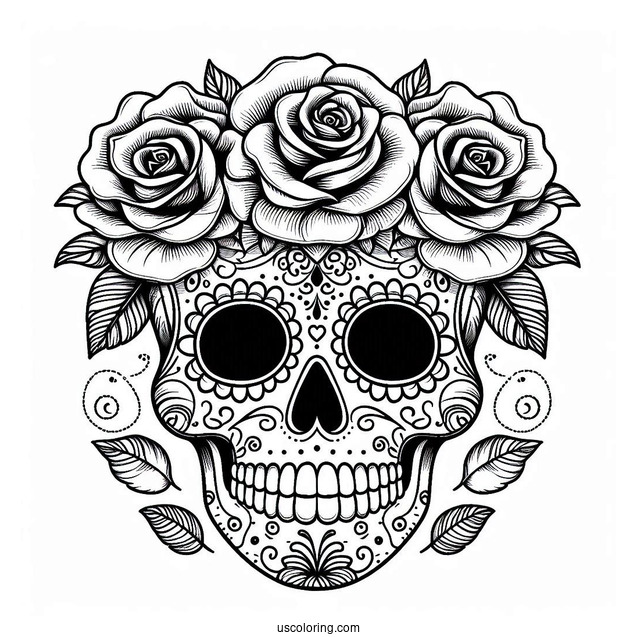 Easy Sugar Skulls Coloring Page Design With Roses On The Head