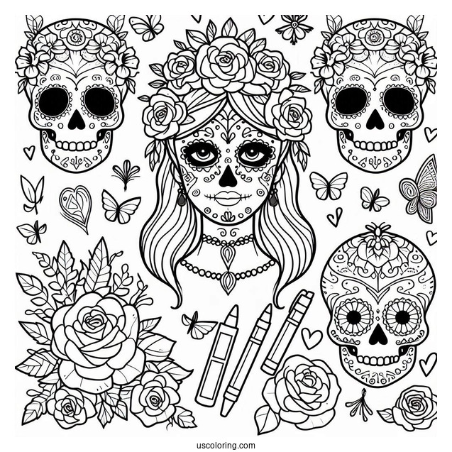 Snow White Sugar Skulls Coloring Page For Kids