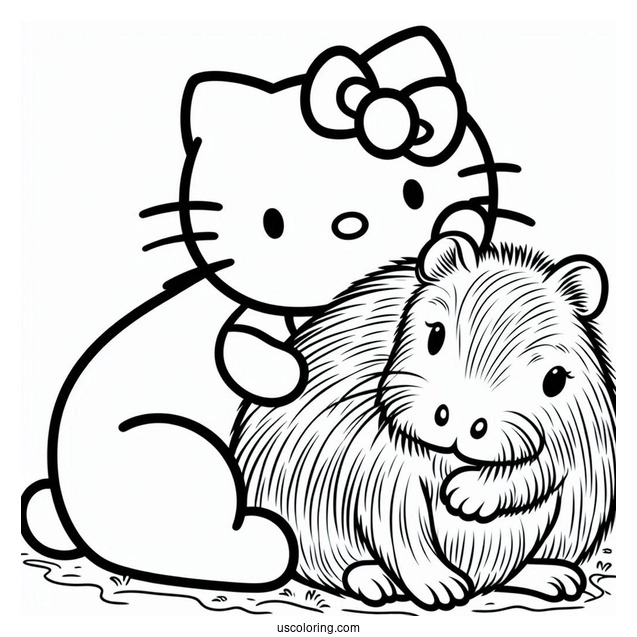 Hello Kitty Hugging A Capybara Coloring Page For Kids