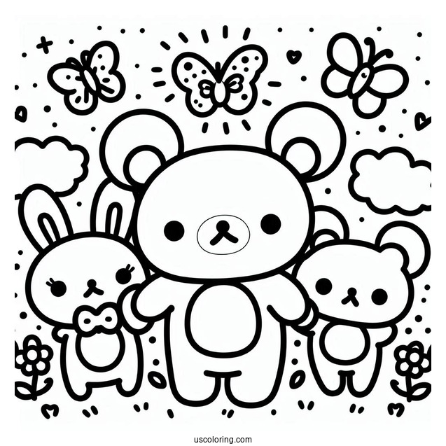 Simple Rilakkuma Coloring Page Outline With Kiiroitori, Korilakkuma, And Chairoikoguma For Preschoolers