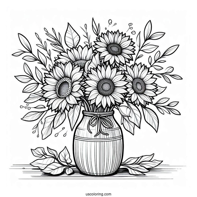 Detailed Sunflowers In Vase For Coloring