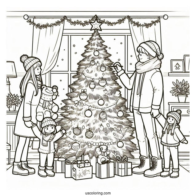 Family Decorating a Christmas Tree