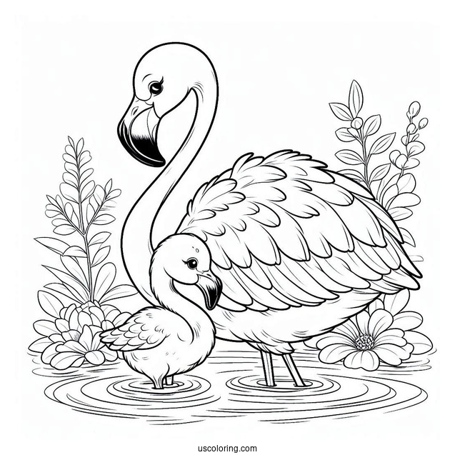 Mother And Baby Flamingo In Water To Color