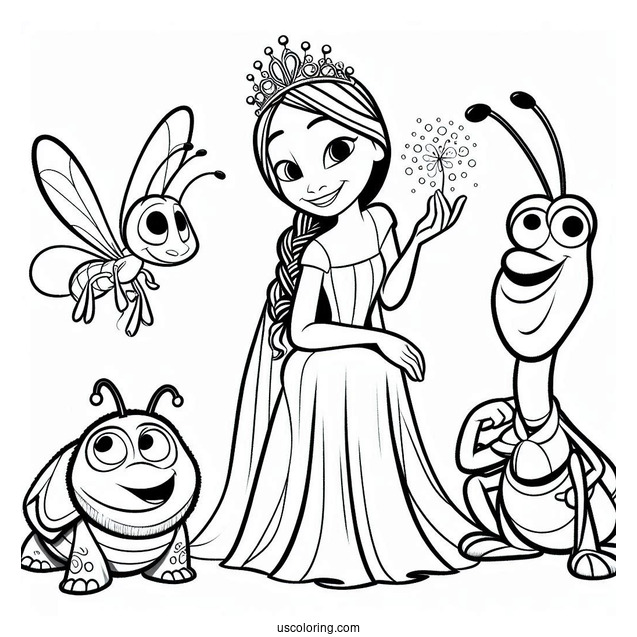 Pixar Coloring Page of Princess Atta, Flik, Heimlich, And Dot Bug s Life