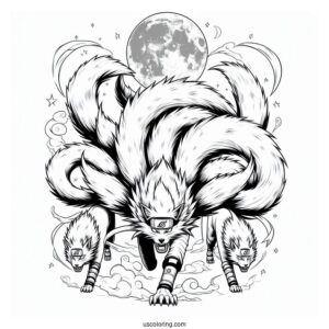 Naruto Coloring Page Of Fierce Nine Tails Under Full Moon