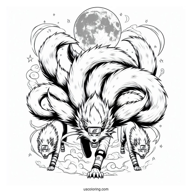 Naruto Coloring Page Of Fierce Nine Tails Under Full Moon