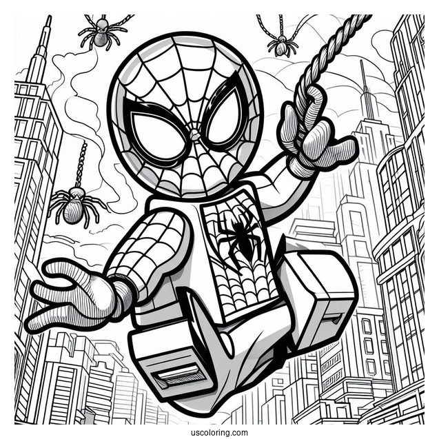 Lego Spider-Man With Webs Swinging Through City