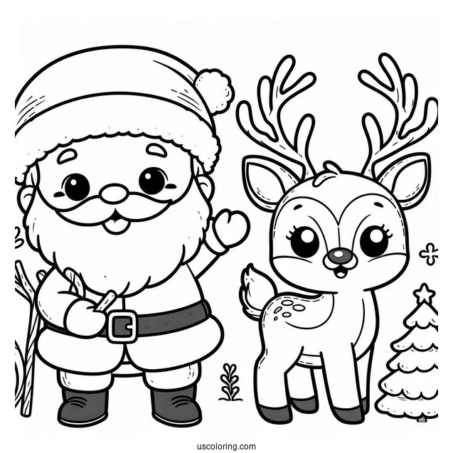 Cute Santa Waving With Rudolph Coloring Page Beside Him For Kids