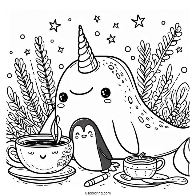 Narwhal Coloring Page Having Coffee With A Penguin