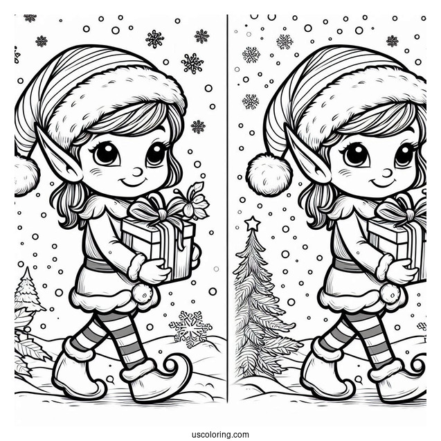 Elf Holding Present Walking In The Snow