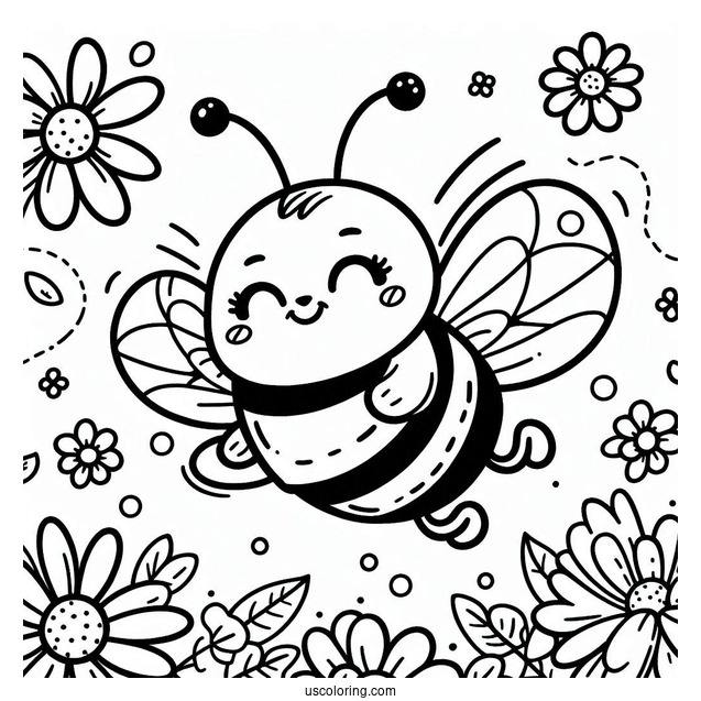 Happy Bee Coloring Page Flying Over Daisies
