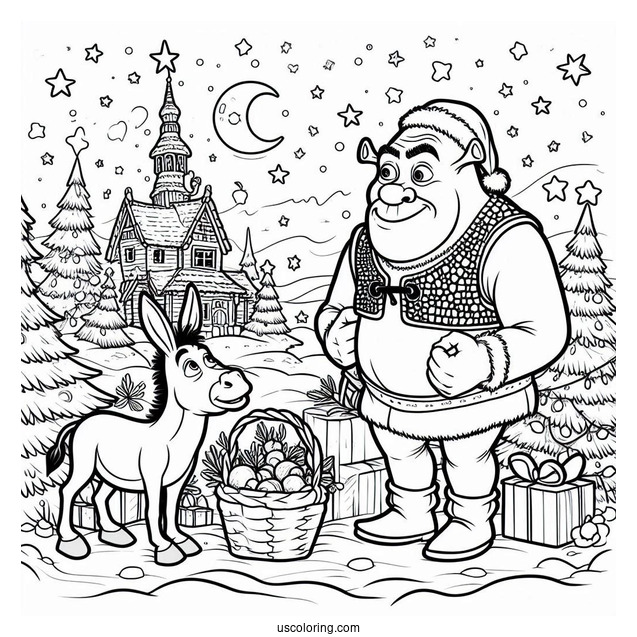 Christmas Themed Shrek And Donkey Coloring Page