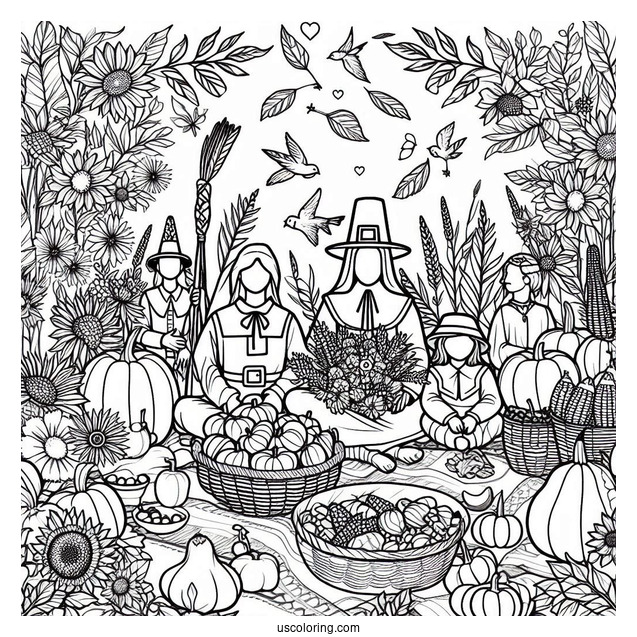Pilgrim Coloring Page With Native Americans Surrounded By Harvest