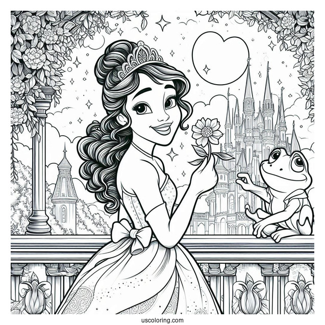 Tiana, Ray, And Frog Prince Naveen On Balcony Coloring In