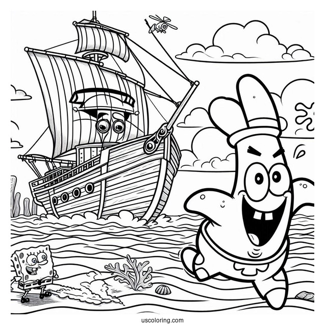 Flying Dutchman Chasing SpongeBob Coloring Page And Patrick Star