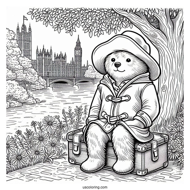 Simple Paddington Coloring Page Sitting On His Suitcase In The Park For Preschoolers