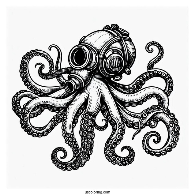 Vintage Diver Holding Octopus Coloring Page