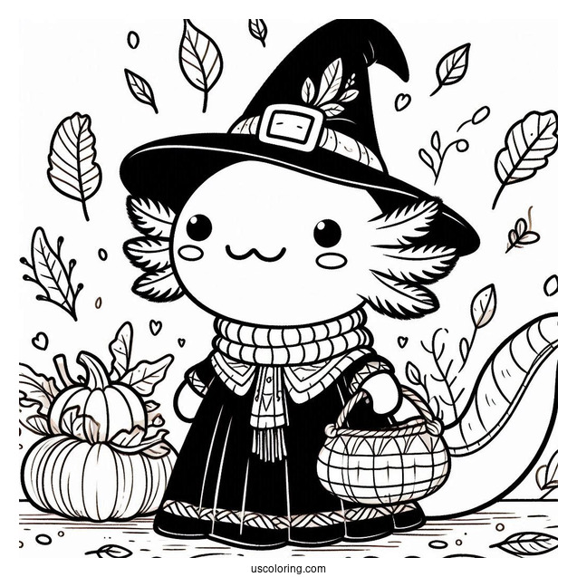 Axolotl Coloring Page Dressed As A Pilgrim In Autumn