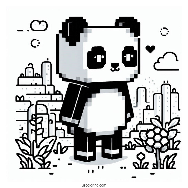 Minecraft Panda Coloring Page Standing in Pixel Landscape For Kids