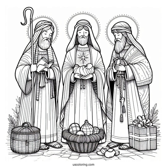 Nativity Coloring Page Of The Three Wise Men Carrying Gifts