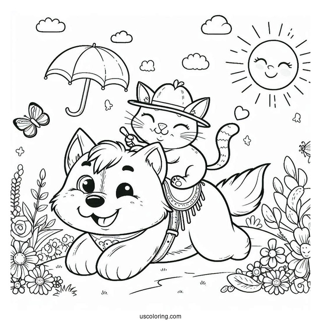Smiling Critters Coloring Page Of DogDay Riding CatNap's Back