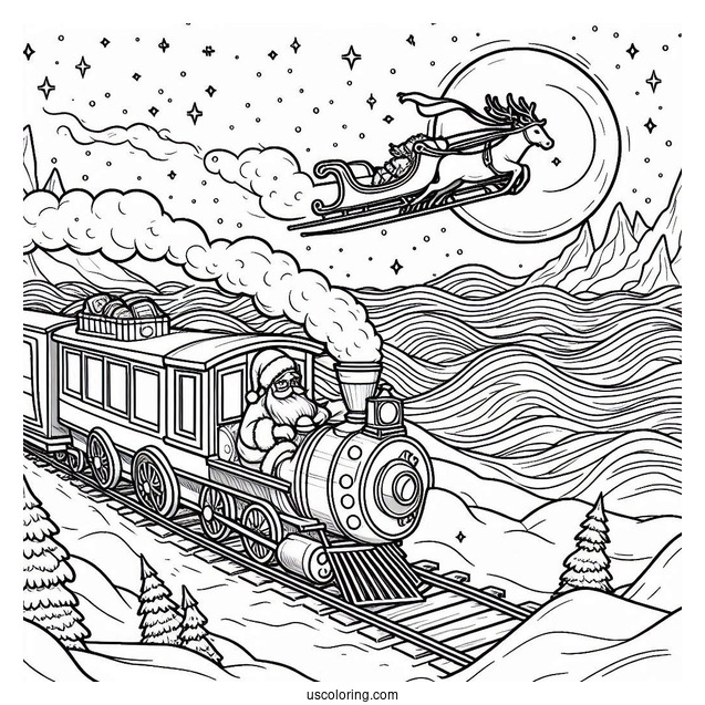 Polar Express Coloring Page Of Santa Claus On His Sleigh Flying Over The North Pole