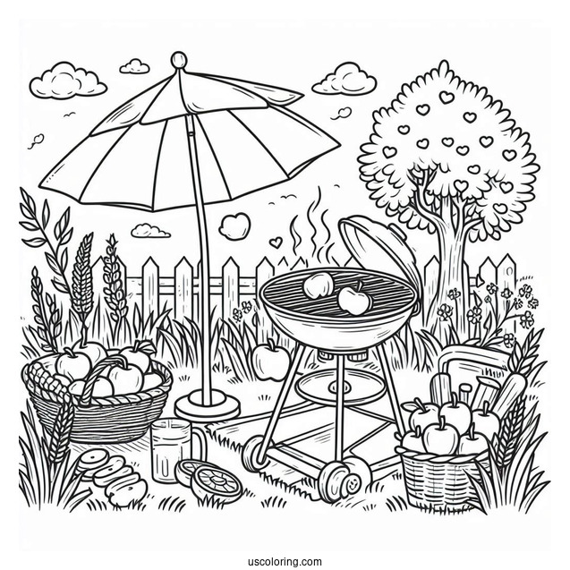 Summer Coloring Page Of Grill In The Backyard With Apples On The Grass