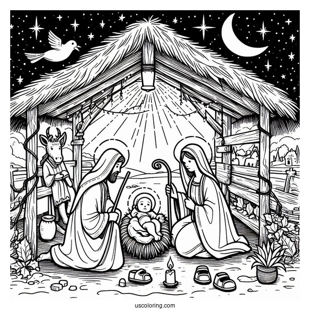 Easy Nativity Coloring Page Scene For Kids