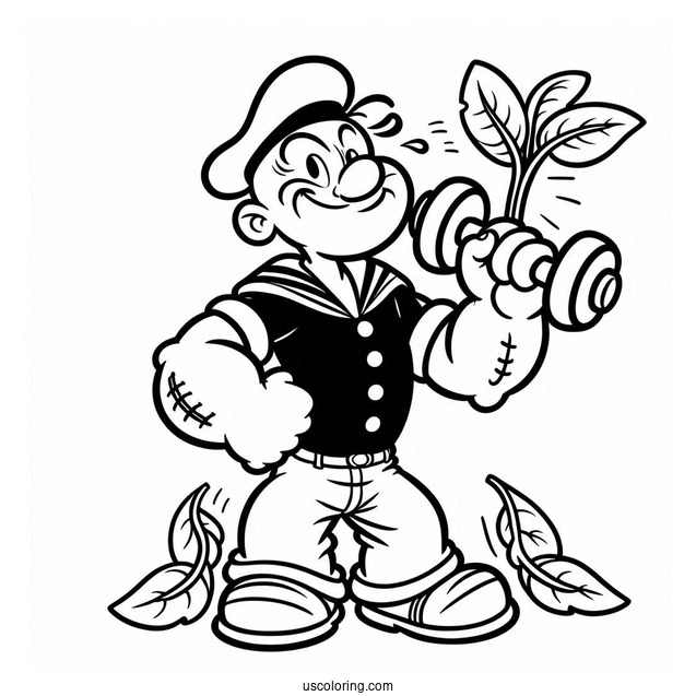 Easy Popeye Coloring Page Lifting Dumbbell While Holding Spinach For Kids