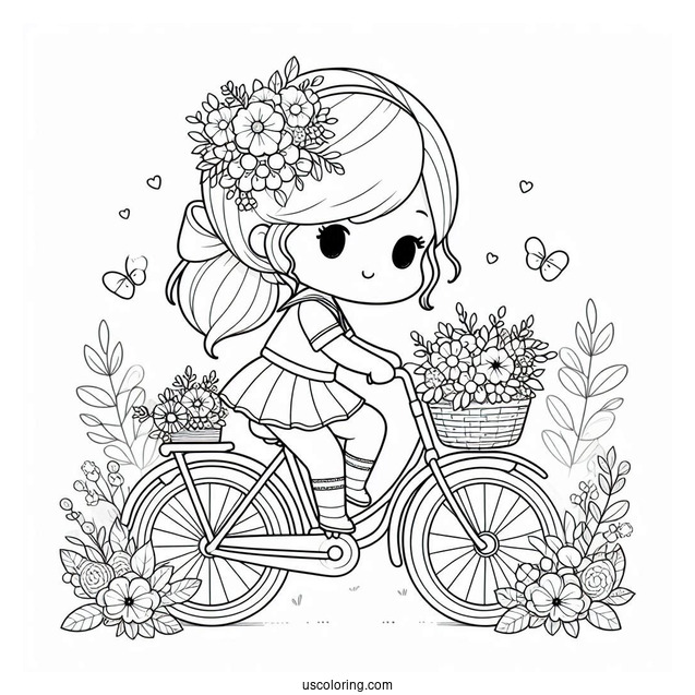 Kawaii Little Girl Riding Bicycle Coloring Page With Flowers For Kids